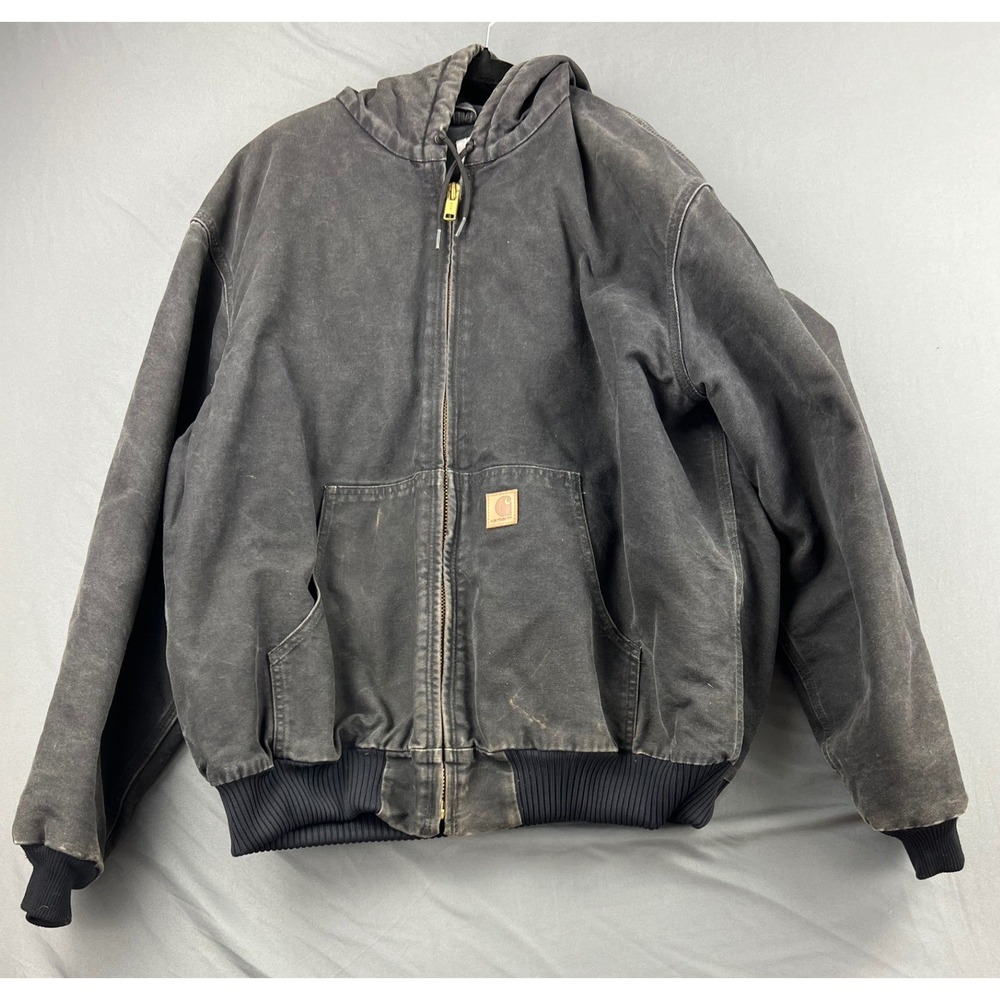 Carhartt Active Jacket Mens XL J130 Black Quilted Lined Canvas Hooded Good